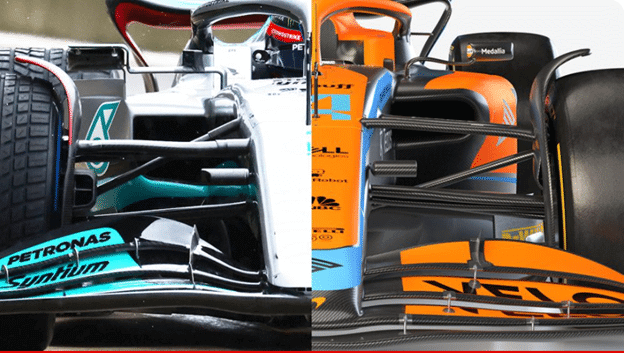 conventional pushrod operation (L) vs. pullrod front suspension (R)