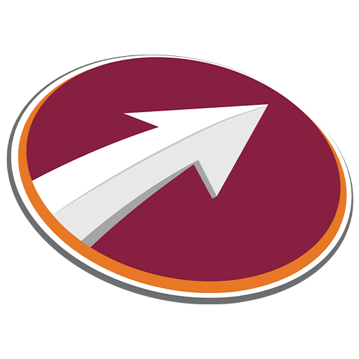maroon circle with white arrow pointing up and to the right